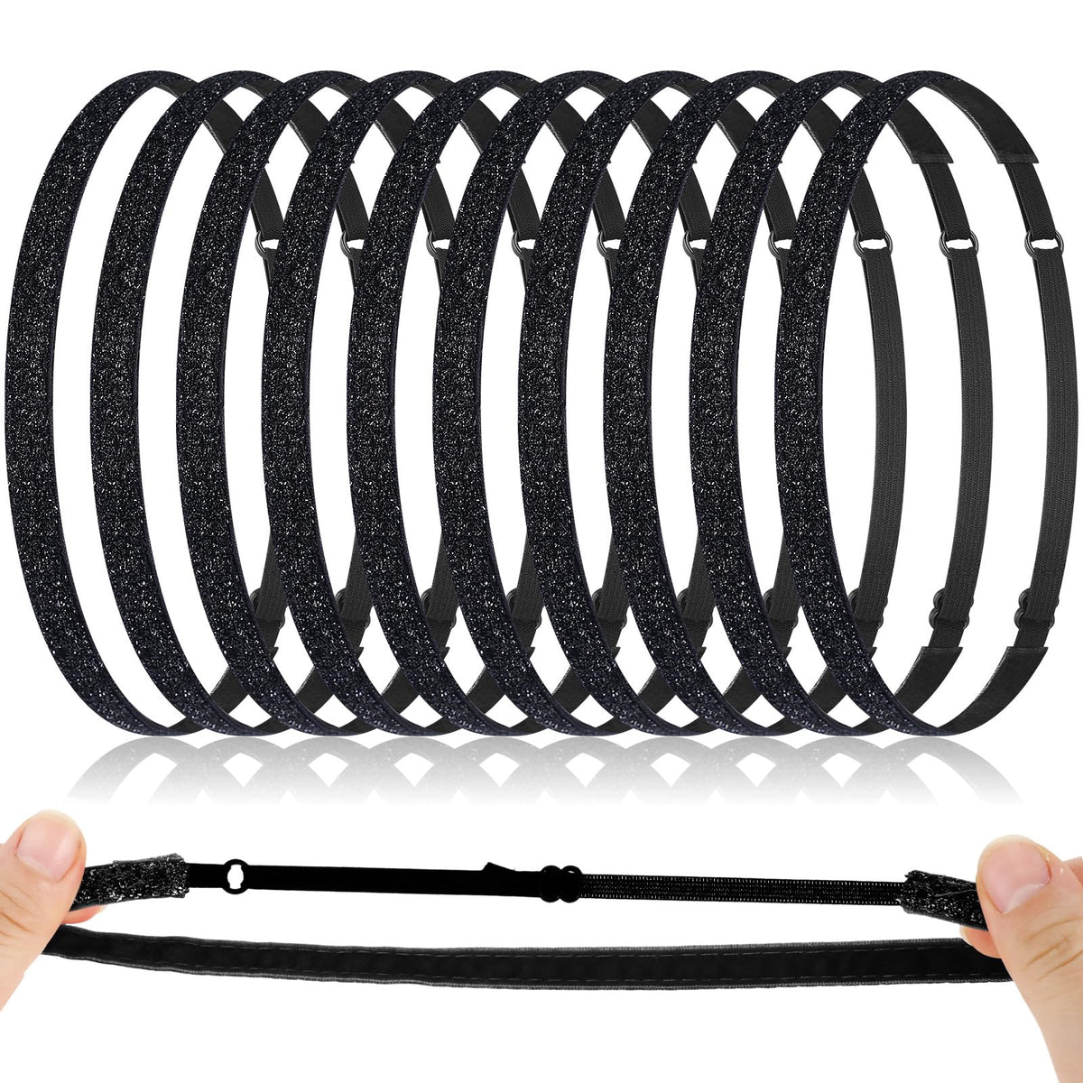 WILLBOND front view of 10-pack black glitter headbands, stylish set