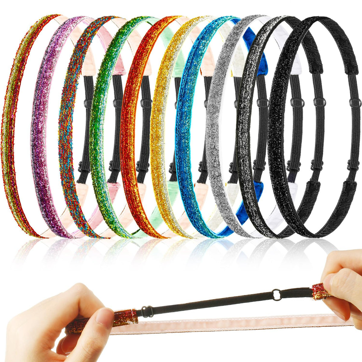 WILLBOND front view of the 10-pack glitter headbands showing assorted colors and shiny finish