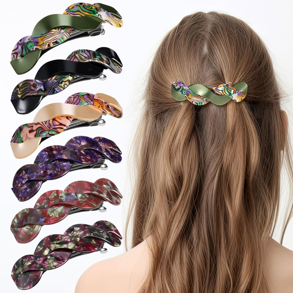 WILLBOND front view showing six colorful barrettes and clear packaging, showcases variety