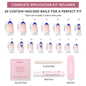 WinCraft Glamnetic Dodgers nails on hand for scale showing fit and short almond look