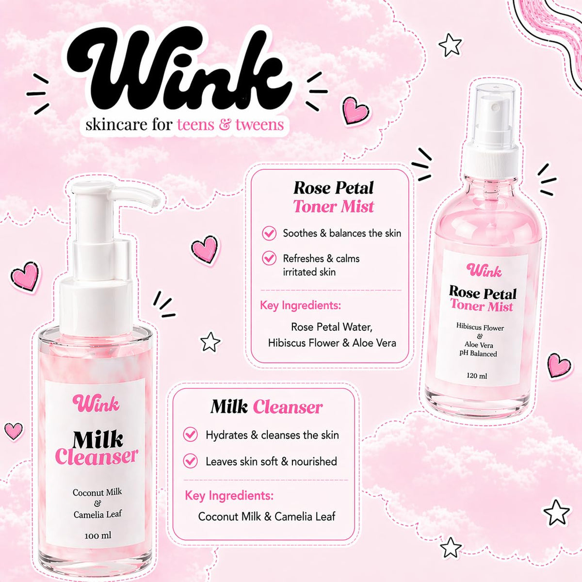 WINK SKINCARE FOR TEENS milk cleanser bottle close-up showing gentle texture and soothing effect