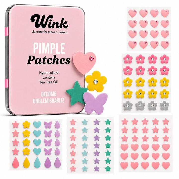 WINK pink tin front view showing fun patch shapes and portability