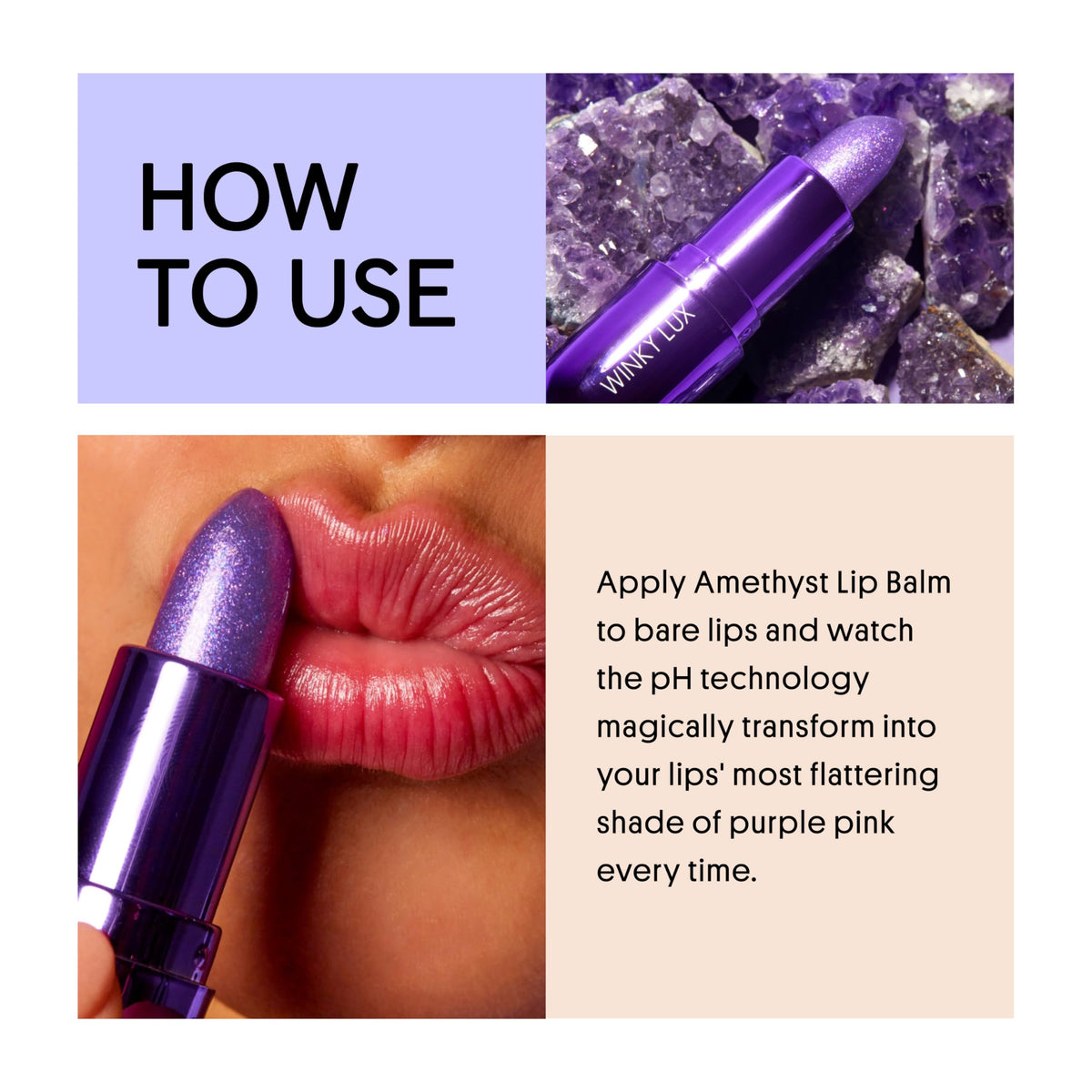 Winky Lux amethyst on lips model displaying color change and smooth hydrated appearance