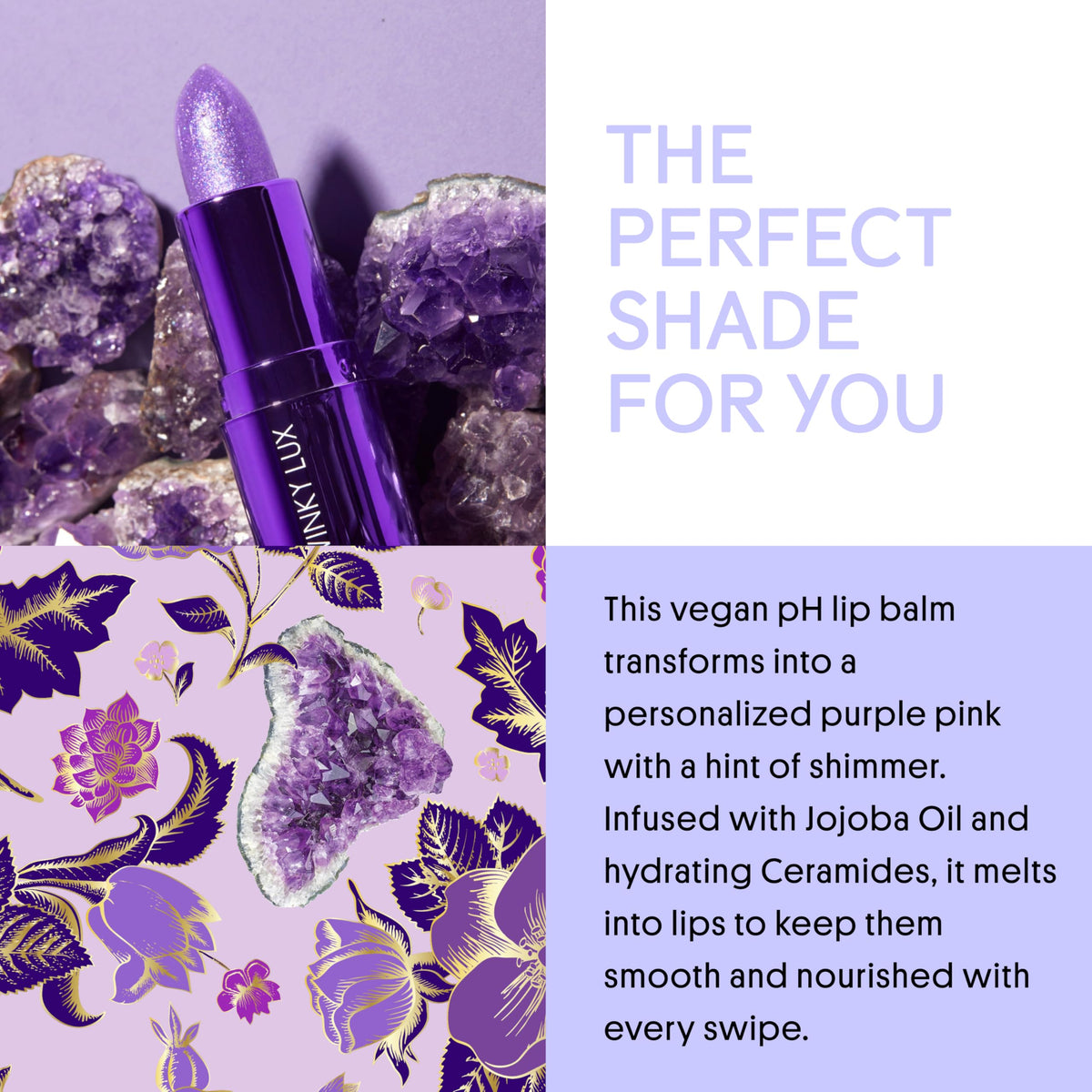 Winky Lux amethyst open cap close-up revealing balm bullet texture and immediate hydration
