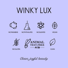 Winky Lux amethyst packaging label showing ingredient highlights and clean-beauty claims