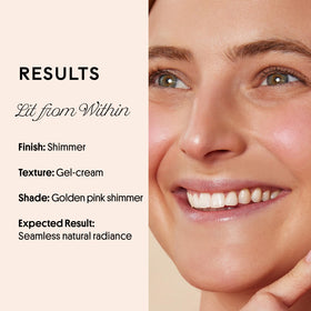 Winky Lux applied to model cheekbones for natural glow and lifted look