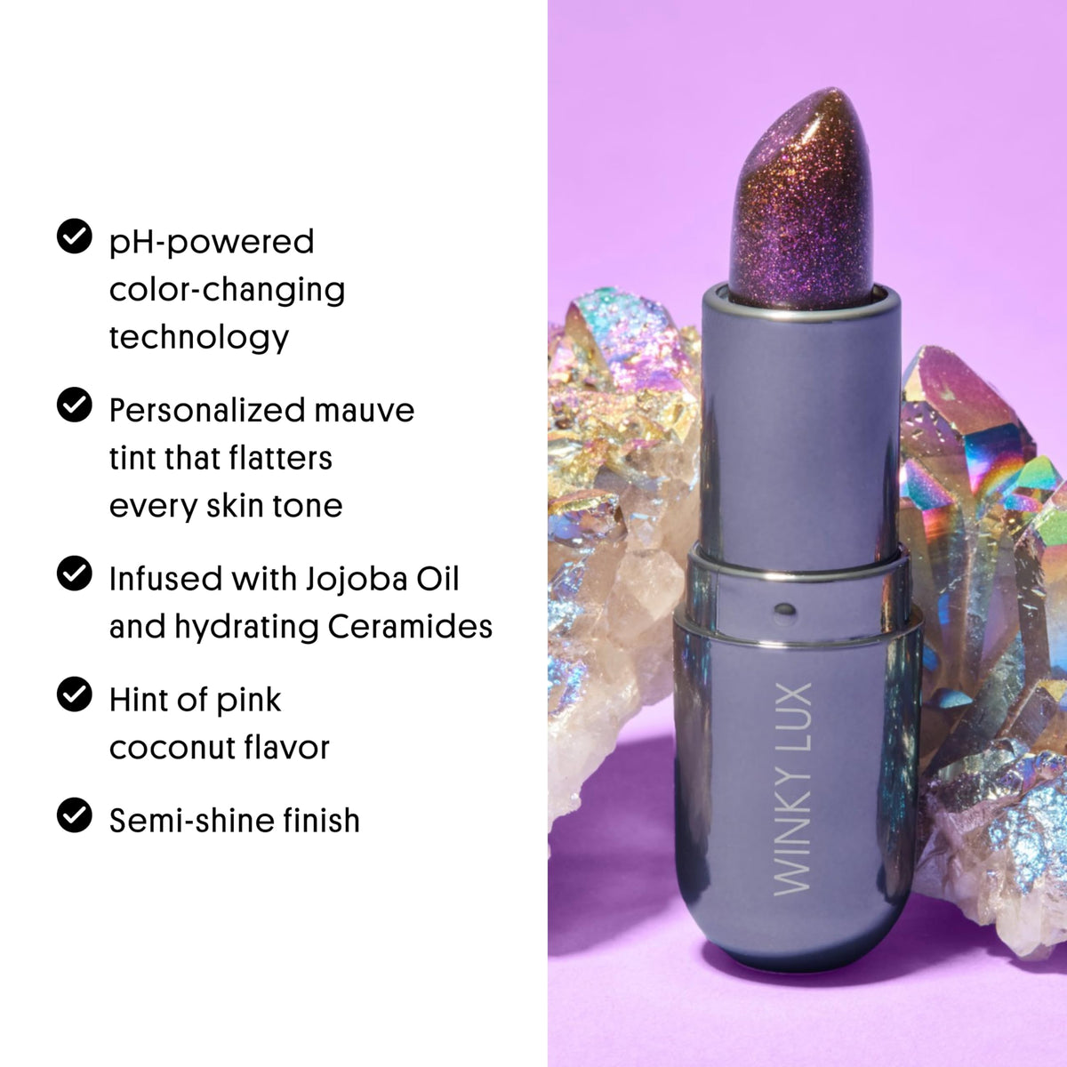 Winky Lux label detail focusing on clean, vegan ingredients and transparency benefit