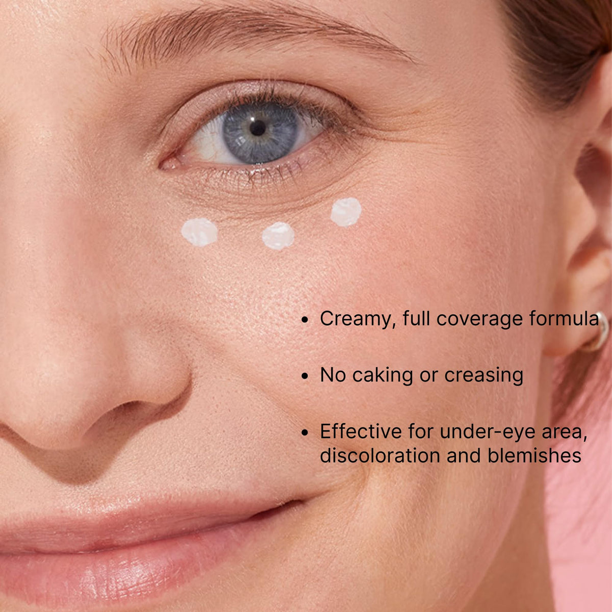 Winky Lux concealer applied under eye illustrating coverage and brightening effect