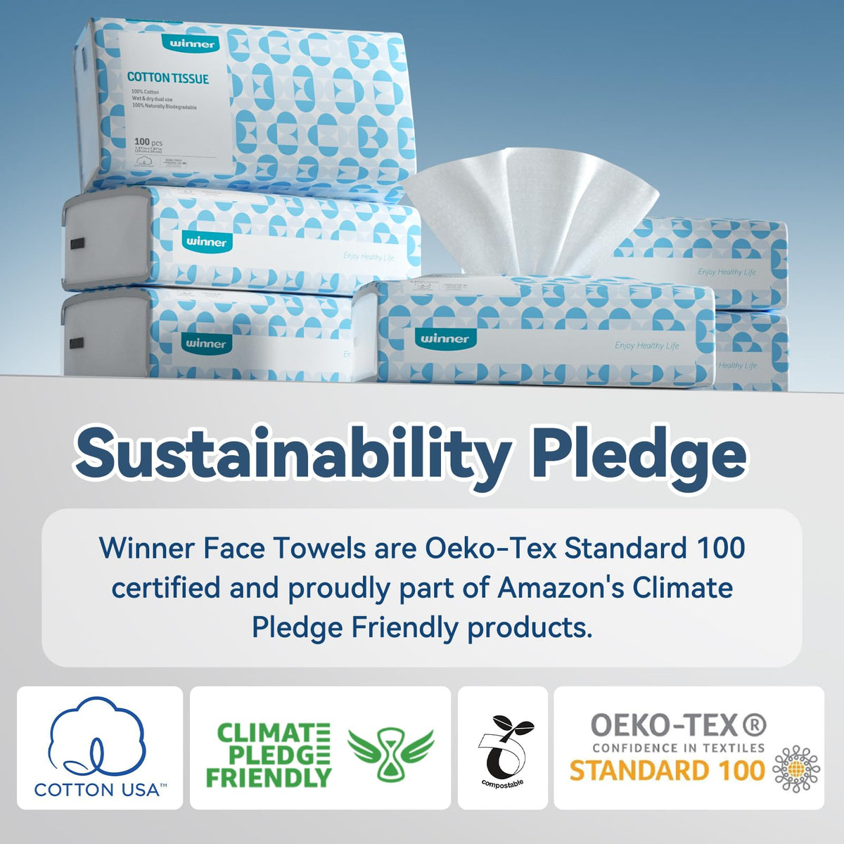 Winner eco labels closeup indicating biobased cotton and biodegradability