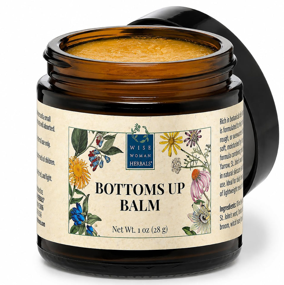 Wise Woman Herbals Bottoms Up Balm front jar showing packaging and compact size