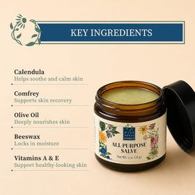 Dried calendula and comfrey beside Wise Woman Herbals salve highlighting herbal ingredients