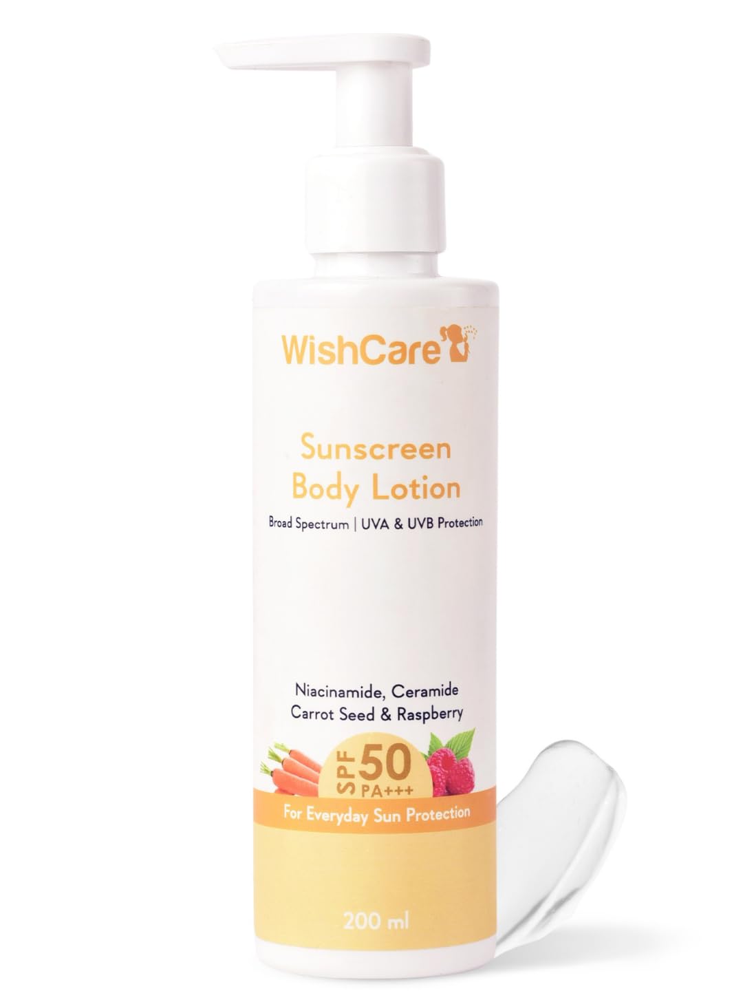 WishCare front bottle view showing SPF 50 protection and clear labeling benefits