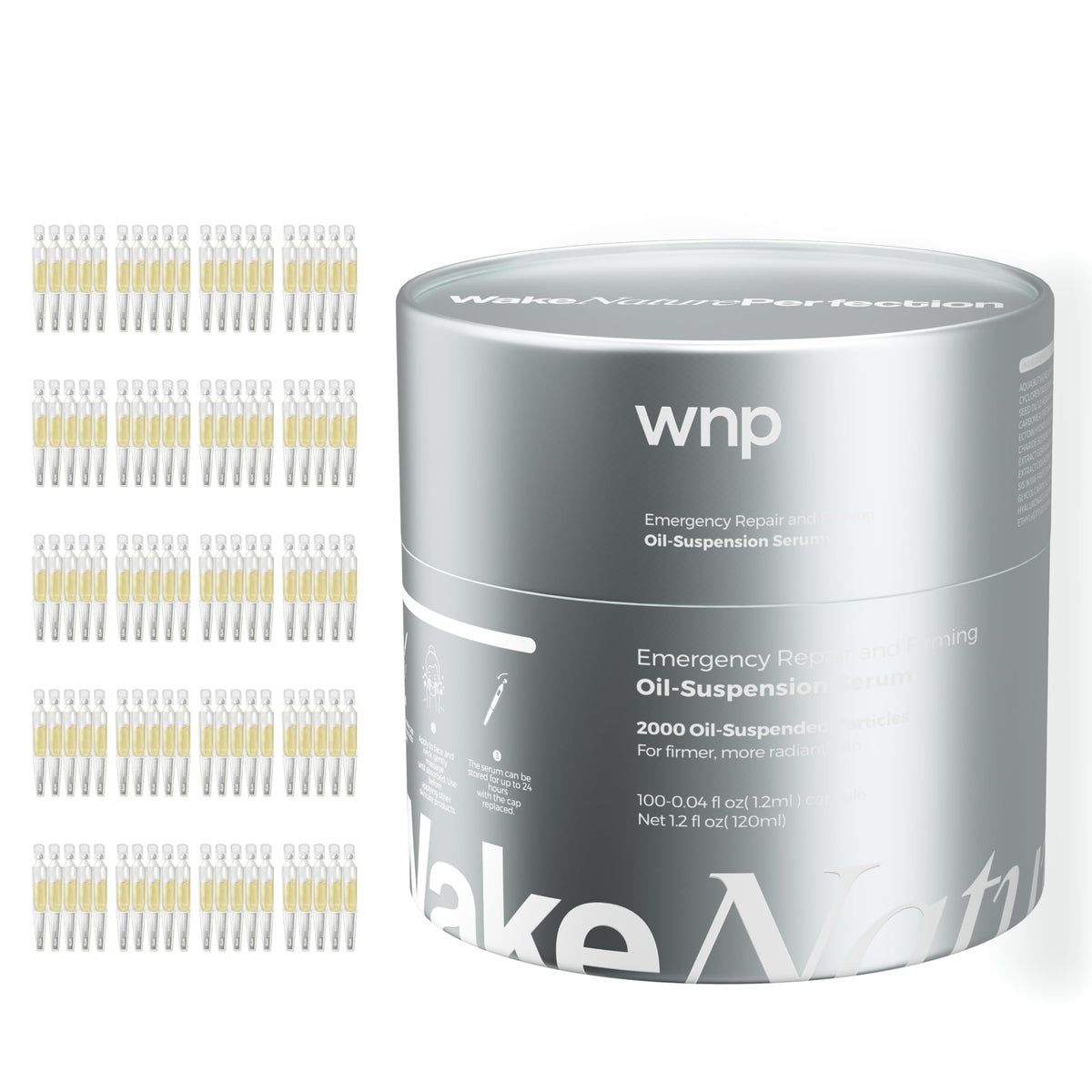 WNP front packaging showing 100 single-use collagen serum vials for hygienic anti-aging