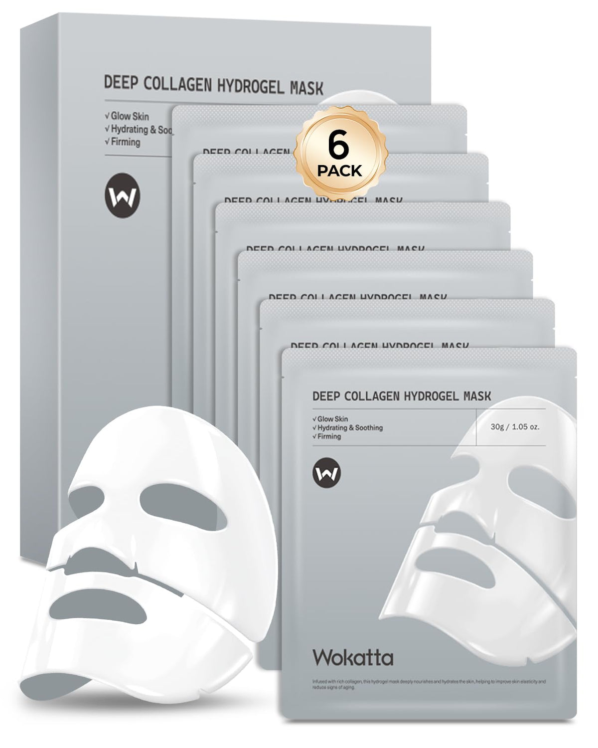 Wokatta front packaging showing six bio-collagen masks for hydrated skin