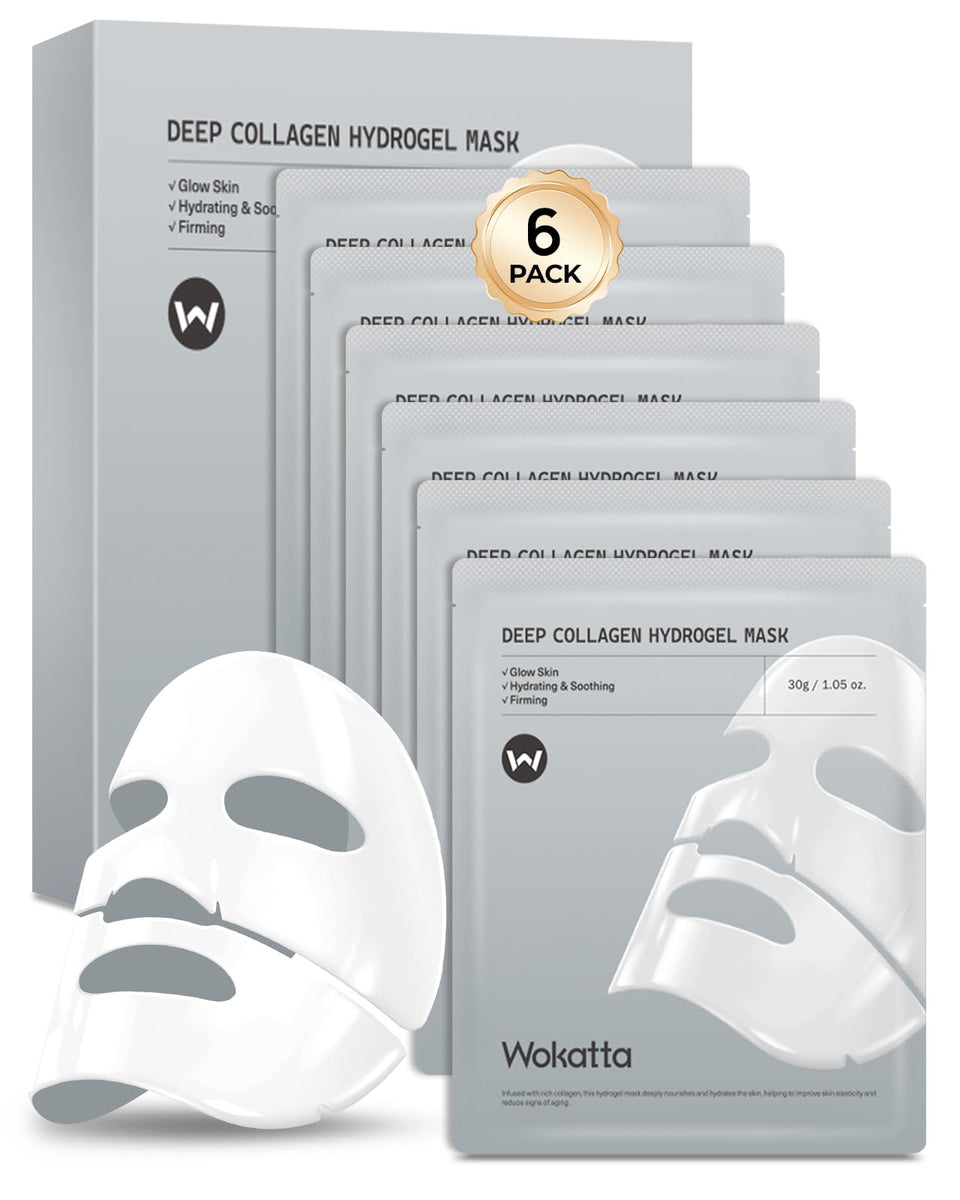 Wokatta front packaging showing six bio-collagen masks for hydrated skin