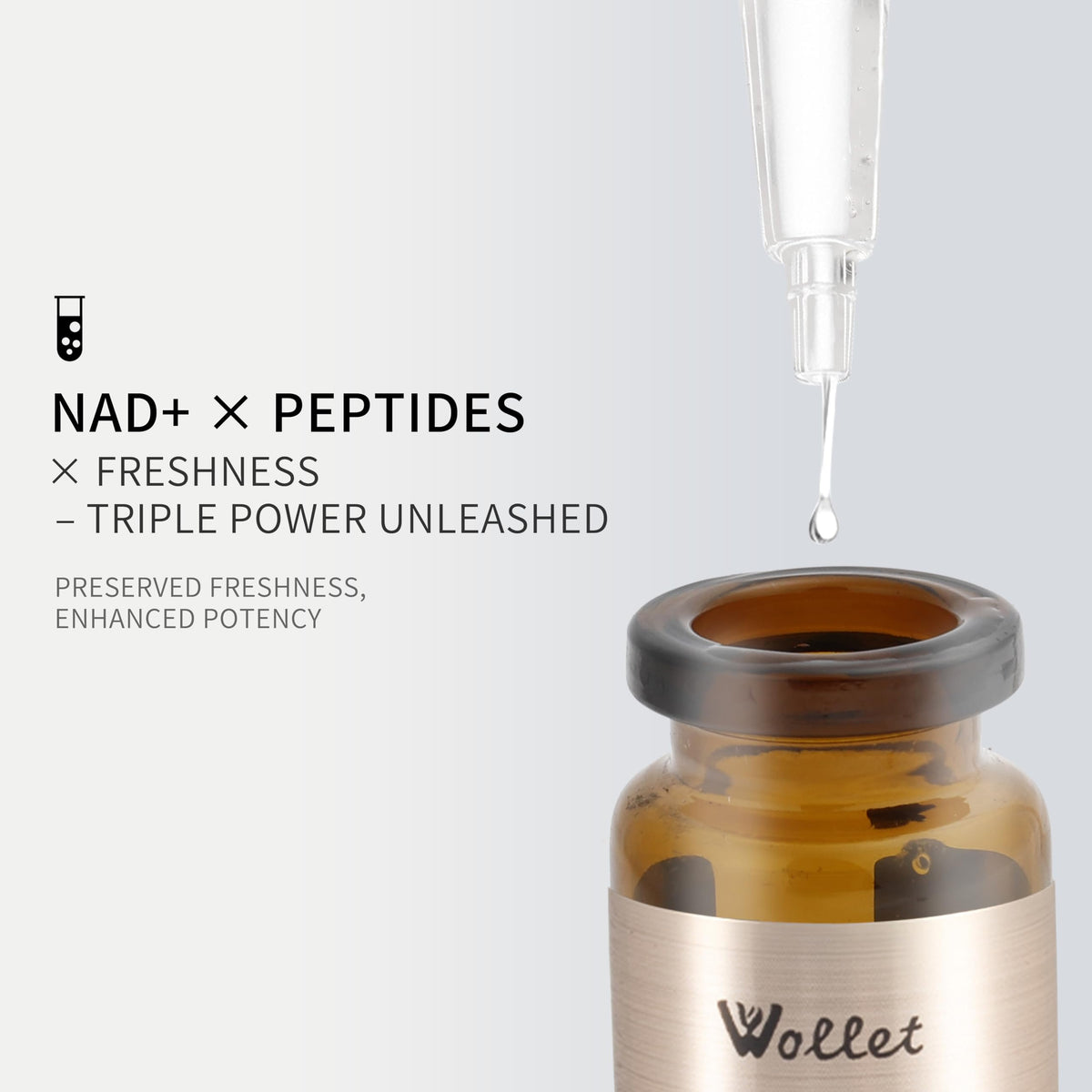 Wollet open powder vials and liquid ampoules highlighting single-use potency