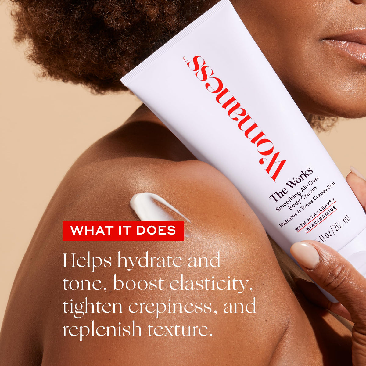 Womaness application on arm showing smoothing and hydration benefit
