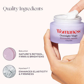 Womaness cream texture close-up highlighting lightweight hydration and quick absorption benefit