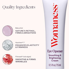 Womaness product in use during morning routine to reduce puffiness and awaken eyes