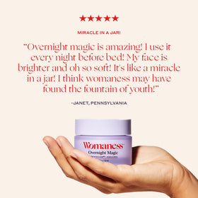 Womaness 1.7oz size scale next to common items showing compact travel-friendly benefit