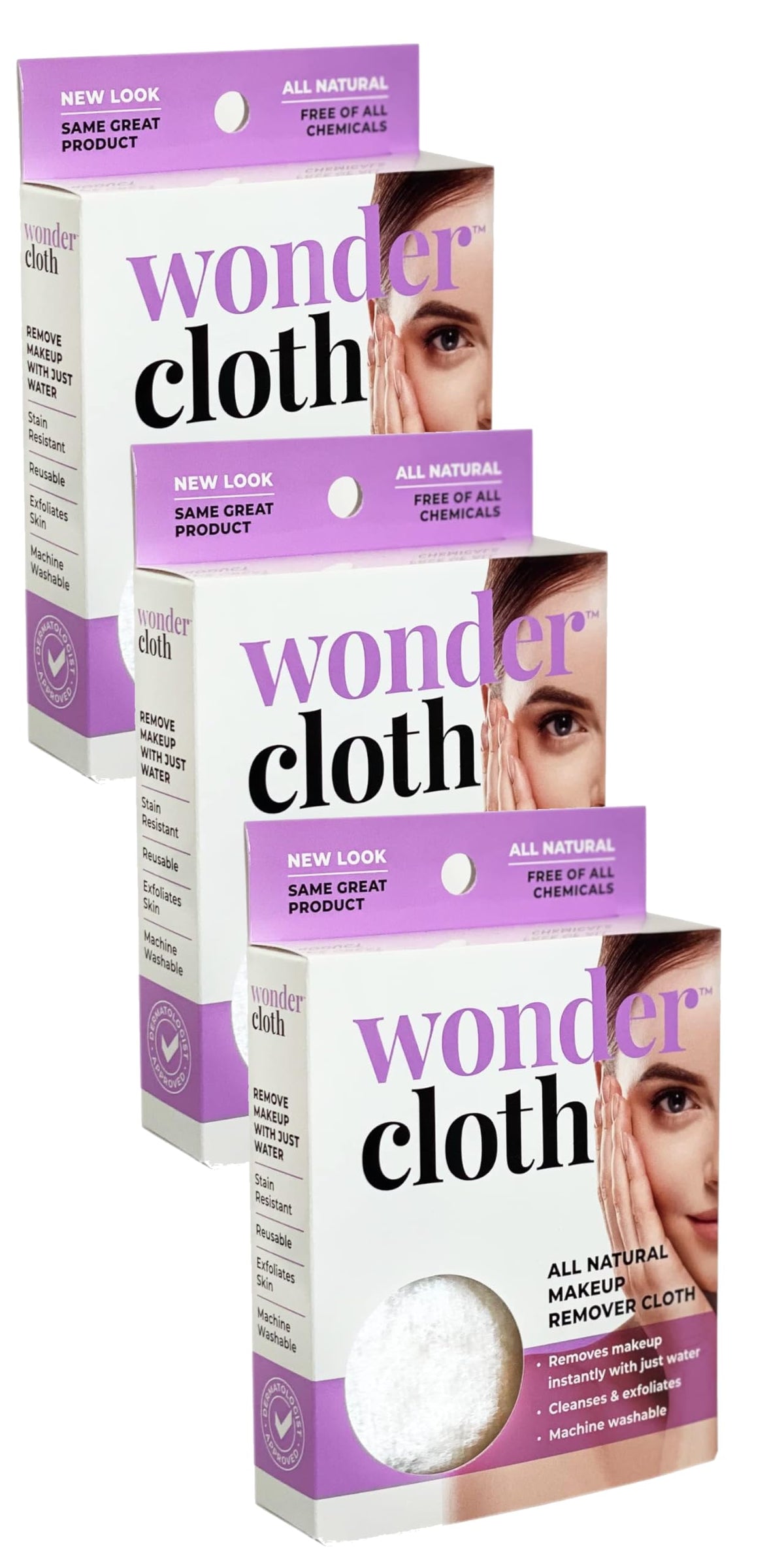 WONDER CLOTH front packaging showing three reusable makeup cloths and benefits