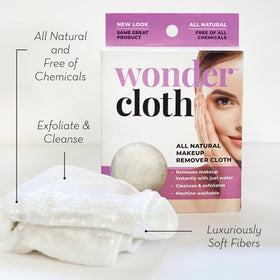 Wonder cloth in hand demonstrating easy water-only makeup removal benefit