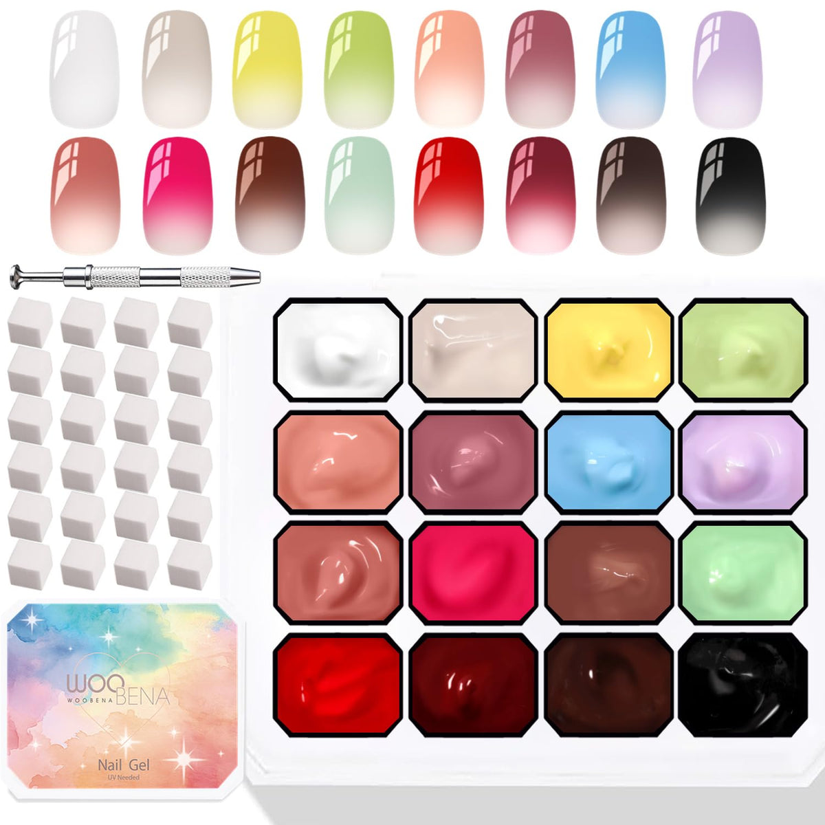 Woobena front packaging showing 16 colors and kit organization for convenient use