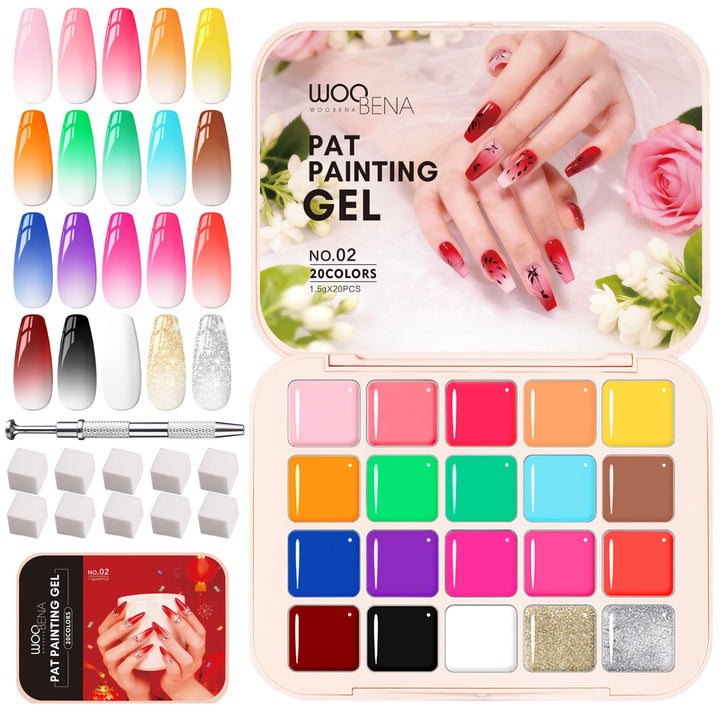 Woobena front packaging showing 20 gel bottles and kit contents for instant setup