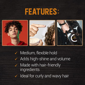 Woody's being applied to curly hair showing frizz control and definition