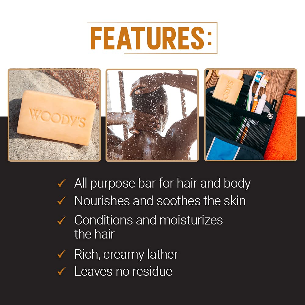 Woody's bar producing lather in shower for effective cleansing benefit