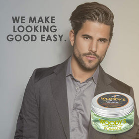 Woody's pomade on bathroom counter with grooming tools indicating daily routine benefit