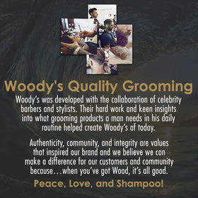 Close-up of Woody's label and ingredient panel showing clear water-based formula benefit