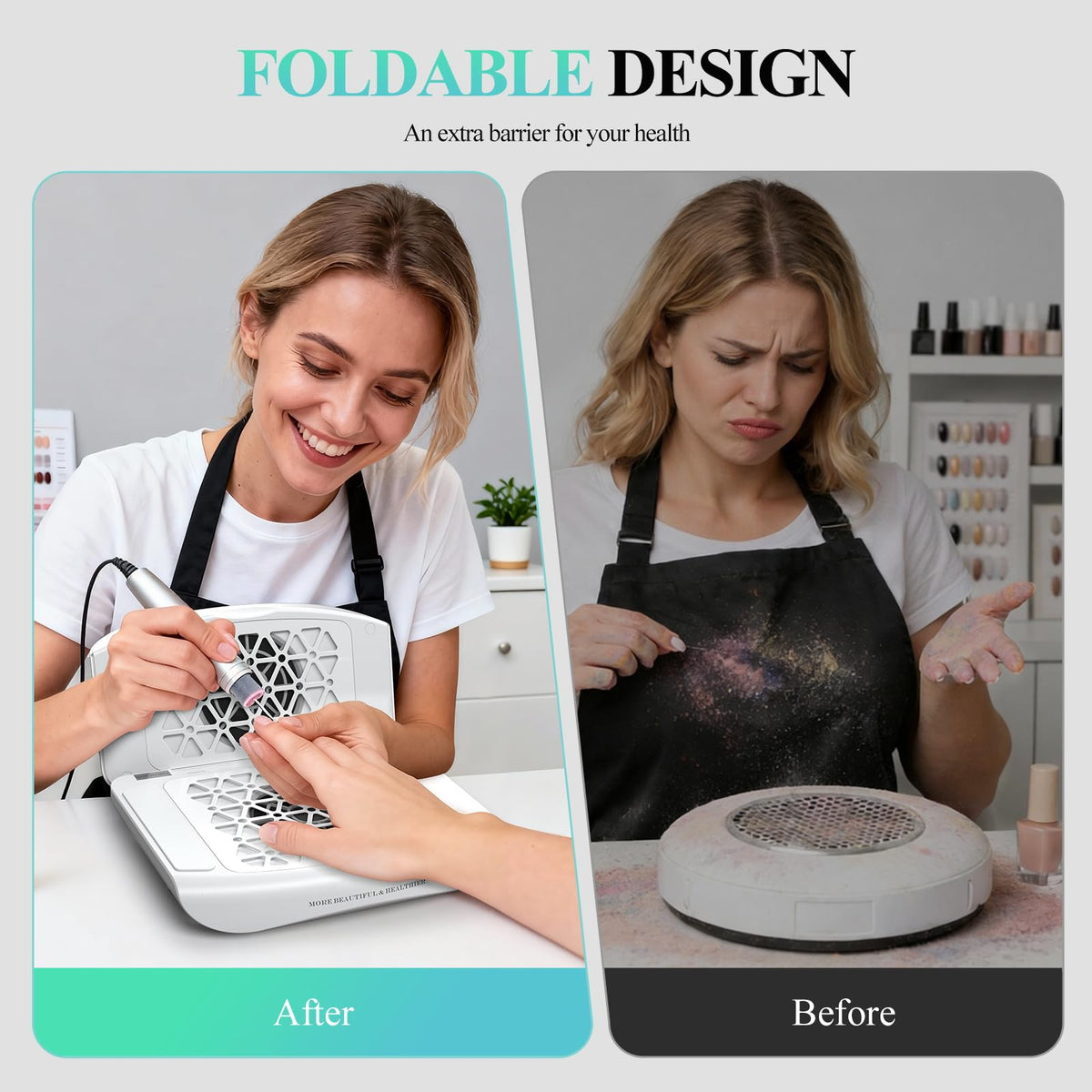 Woput in foldable vertical position with side shields blocking airborne nail dust