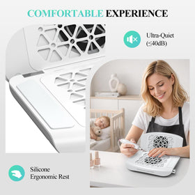 Woput in use on a salon table capturing acrylic dust for a cleaner workspace