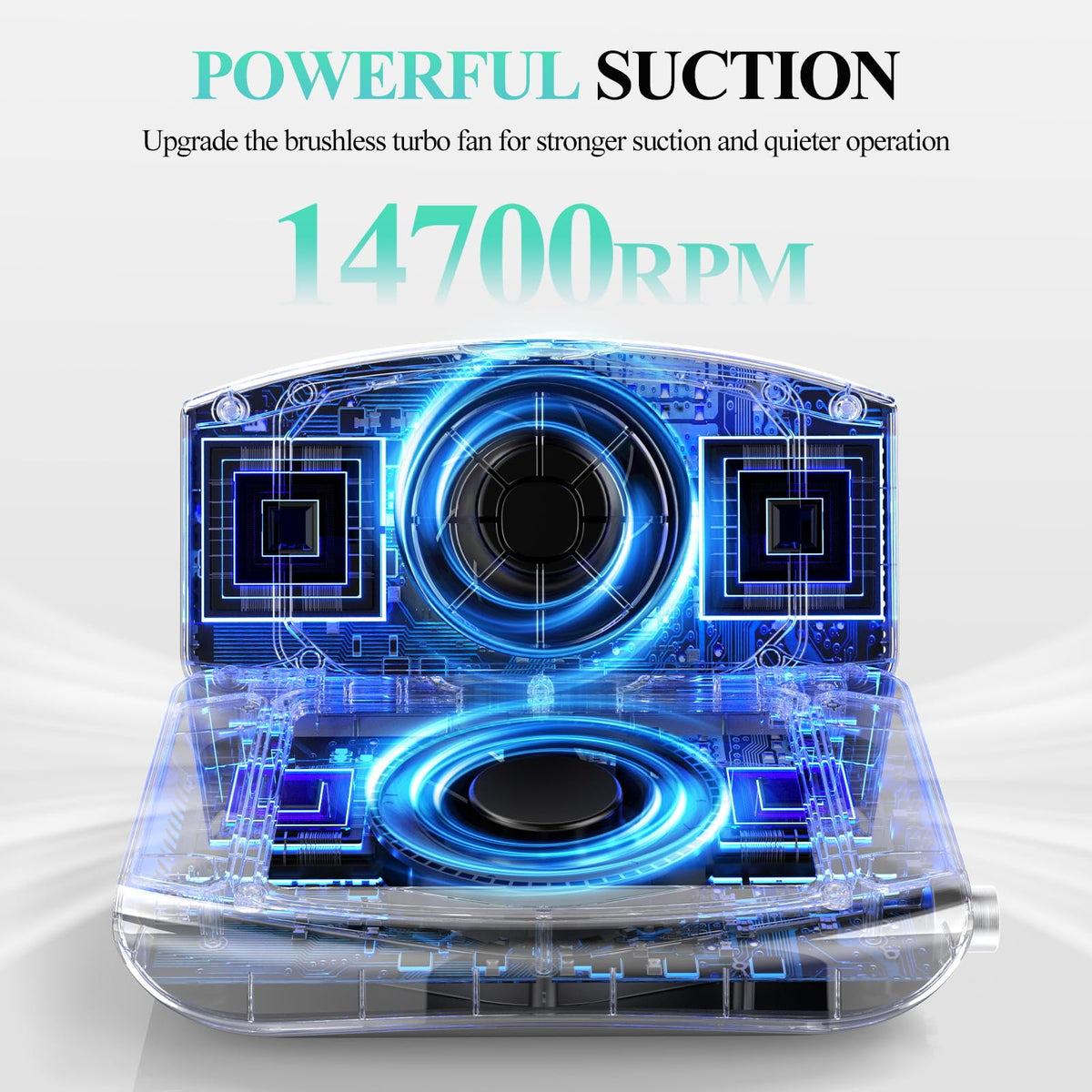 Woput top view revealing dual fans and stepless speed dial for adjustable suction