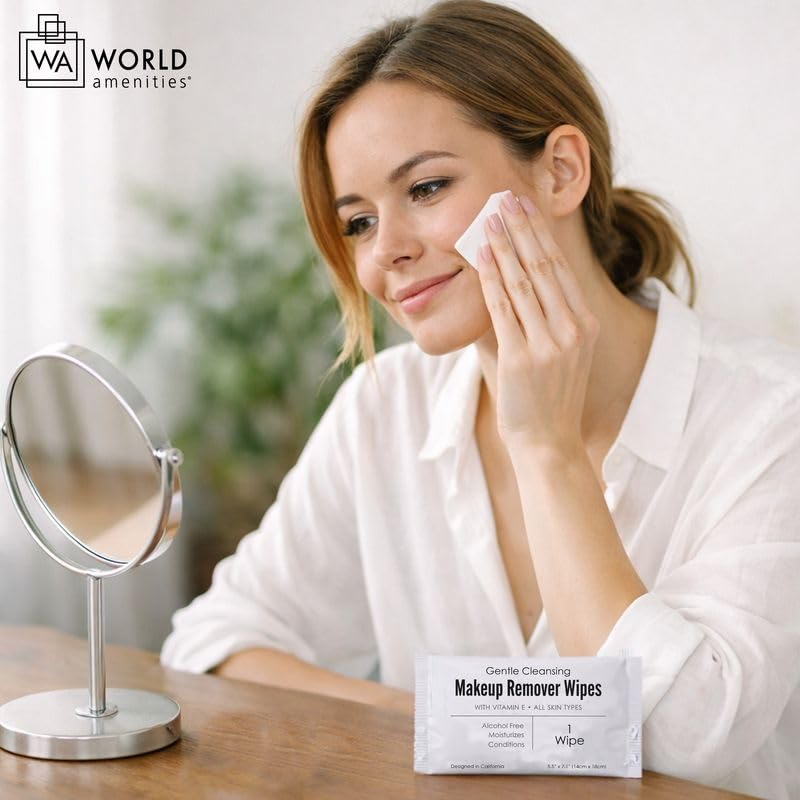 World Amenities wipe removing makeup from skin for quick cleansing