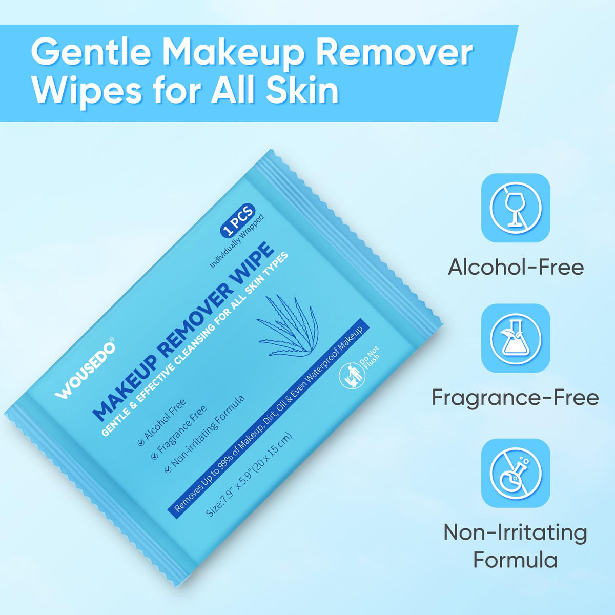WOUSEDO single wipe close-up showing soft texture and gentle cleansing benefit