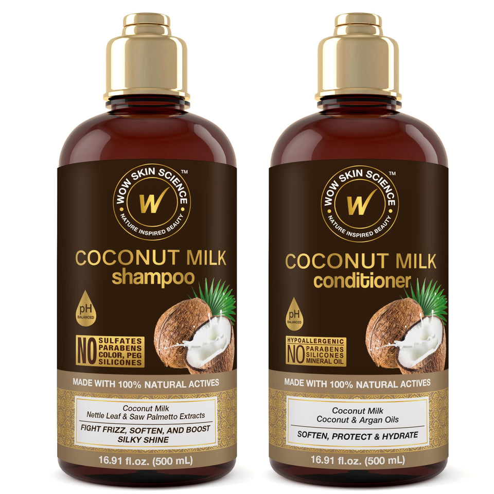 WOW Skin Science front packaging showing full shampoo and conditioner set and clear benefits