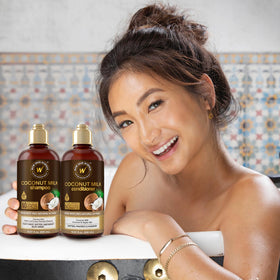 WOW Skin Science ingredient arrangement showing coconut milk, saw palmetto, nettle leaf benefits