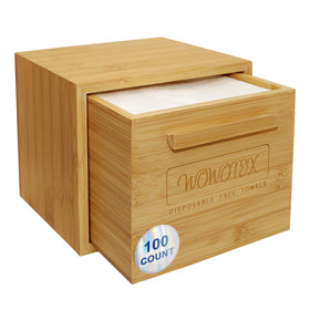 WOWOTEX bamboo box front view showing elegant dispenser and neat storage benefit