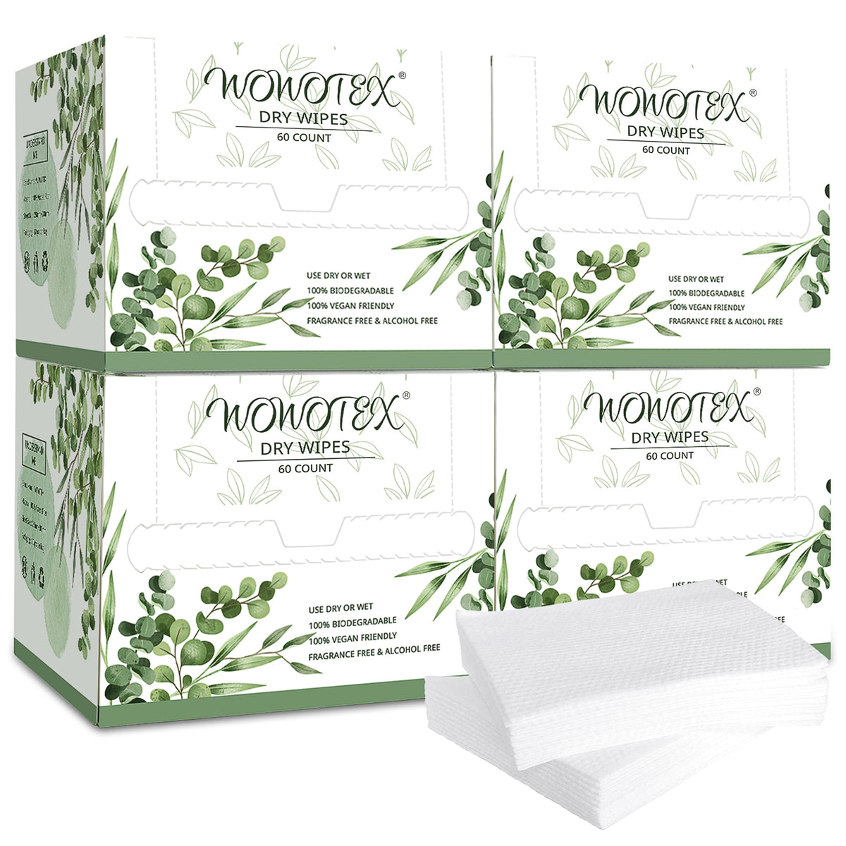 WOWOTEX front packaging showing 4 boxes and 240-count for easy storage