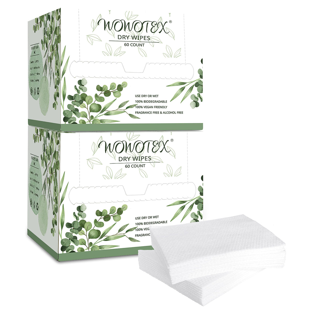 WOWOTEX front packaging showing two-box set and 120 towels benefit convenience