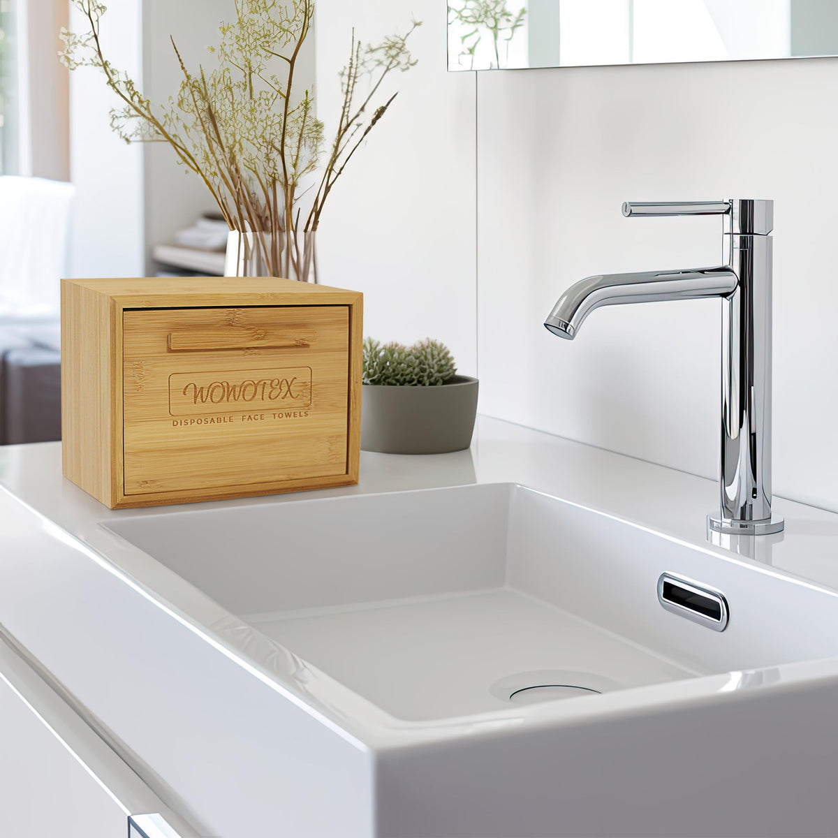 WOWOTEX on vanity in bathroom setting showing stylish storage and ready access benefit