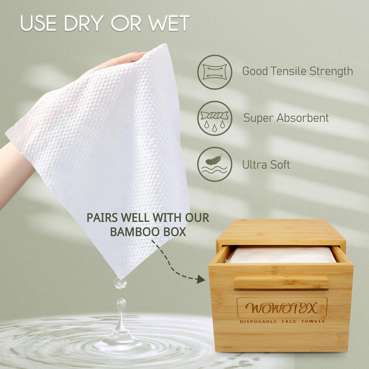 WOWOTEX towel used wet on face demonstrating gentle cleansing action