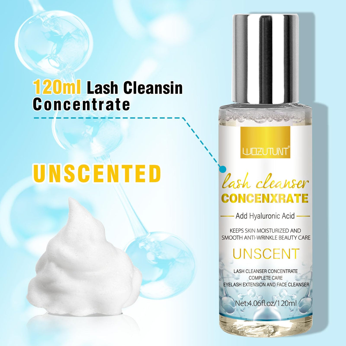 WOZUTUNT foaming bottle producing soft foam for gentle lash cleaning benefit