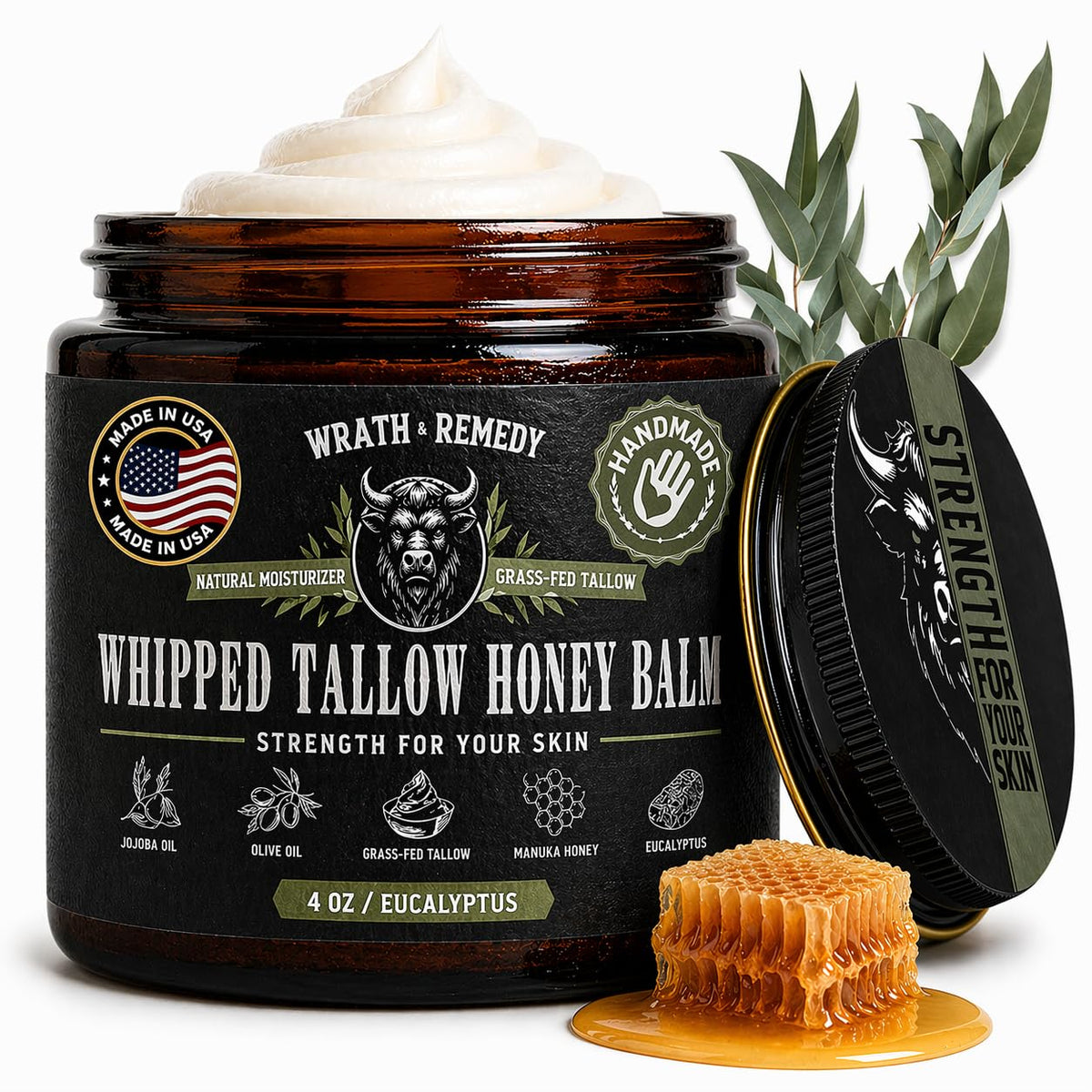 Wrath & Remedy jar front view showing eucalyptus label and natural packaging benefit