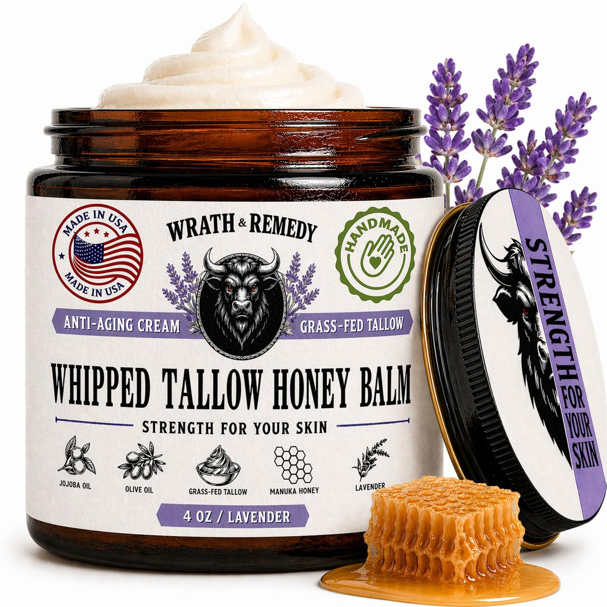 Wrath & Remedy front jar showing lavender label and clean packaging benefit