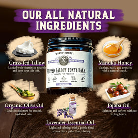 Wrath & Remedy Manuka honey jar beside balm showing natural soothing ingredient