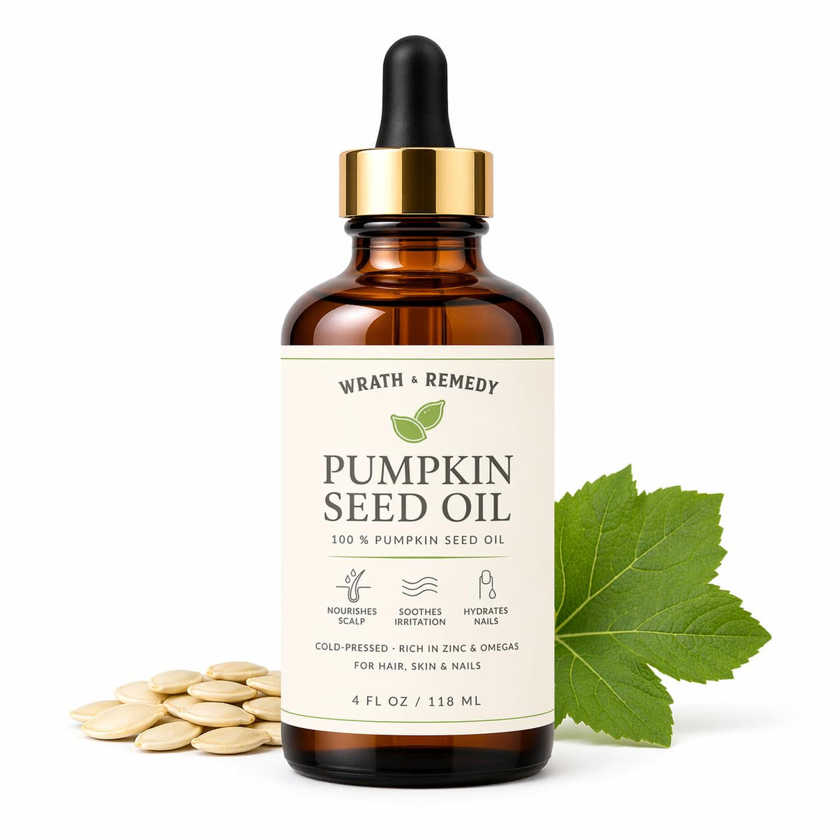 Wrath & Remedy front bottle showing 4oz organic pumpkin seed oil for clean skincare