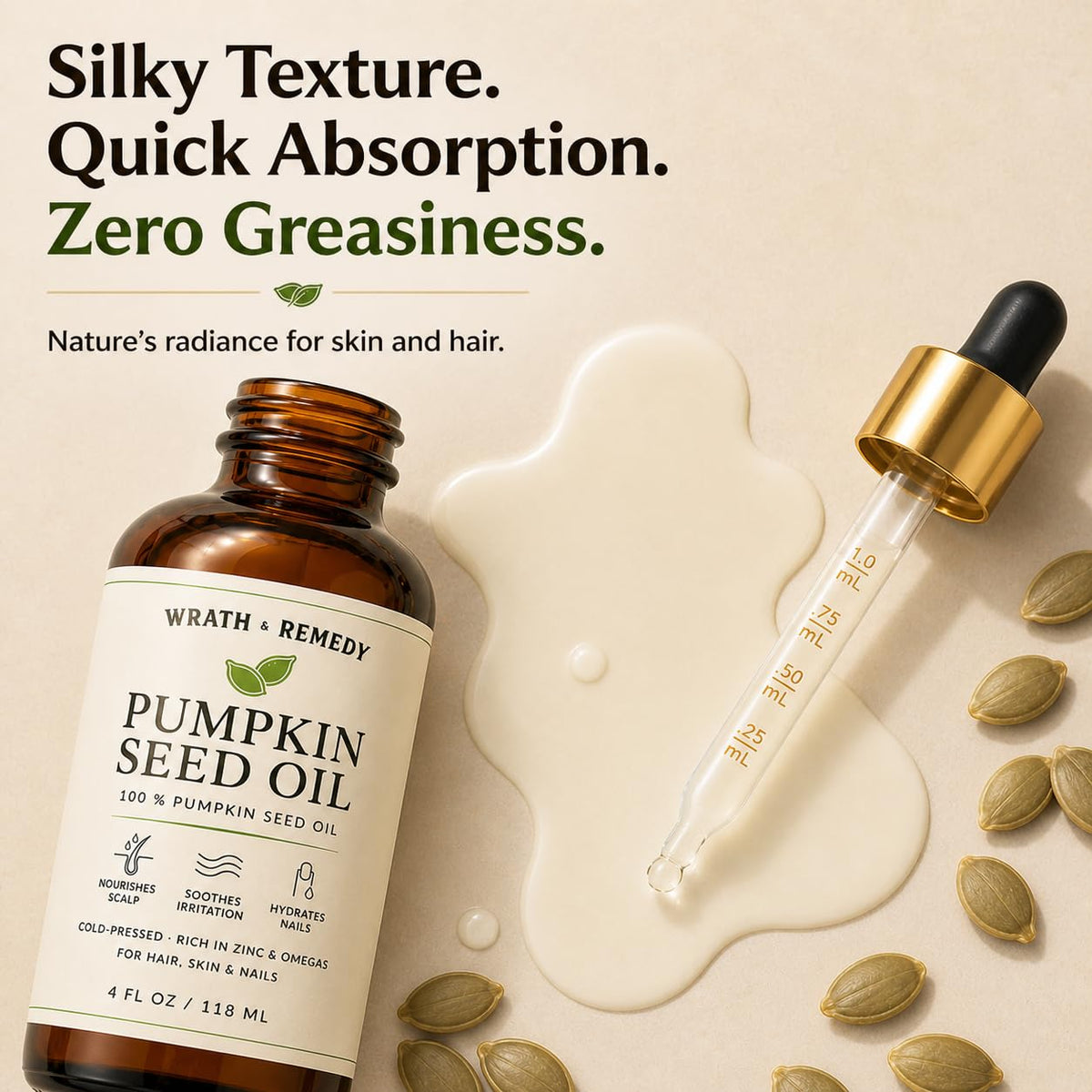 Wrath & Remedy oil pouring stream from bottle highlighting fast absorption benefit